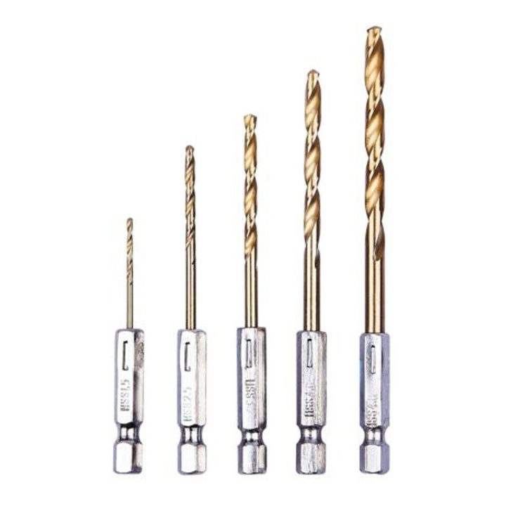 5PC 1/4" TIN COATED HSS DRILL BIT SET 1.5-4.8MM TITANIUM HIGH SPEED TREATED HEX - Best Deals 786 UK