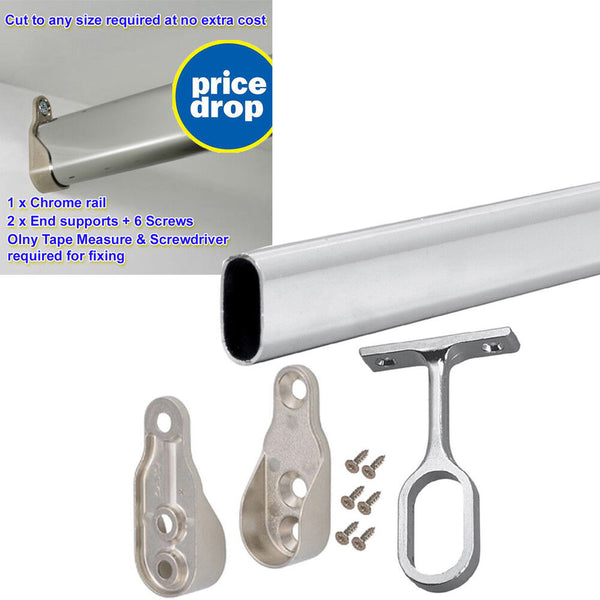 Wardrobe Rail Chrome Hanging Oval Rails Cut To Size - Free Pre Ends With Screws - Best Deals 786 UK