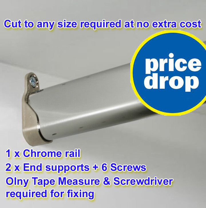 Wardrobe Rail Chrome Hanging Oval Rails Cut To Size - Free Pre Ends With Screws - Best Deals 786 UK